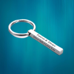 Personalized Key Chain With Four Side Engrave On 3D Vertical Stainless Steel Bar, Silver