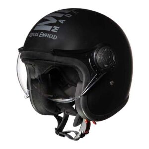 Royal Enfield Open Face MLG Helmet Made Like a Gun  with Clear Visor  Impact Protection  High Density EPS  ISI and DOT Certified  Micrometric Lock MATT Black (XL) 62 CM